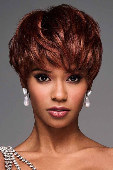 African American woman in a long dark red lace front pixie wig
