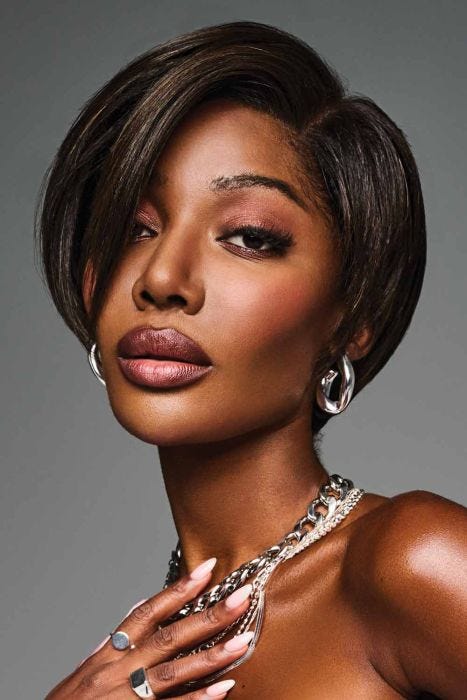 Black woman in an asymmetric short dark brown lace front wig