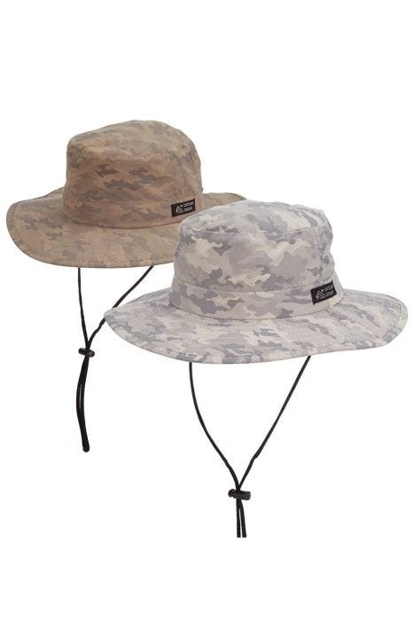 Cool guy in khaki bucket hat for men with drawstring and American USA flag patch on front