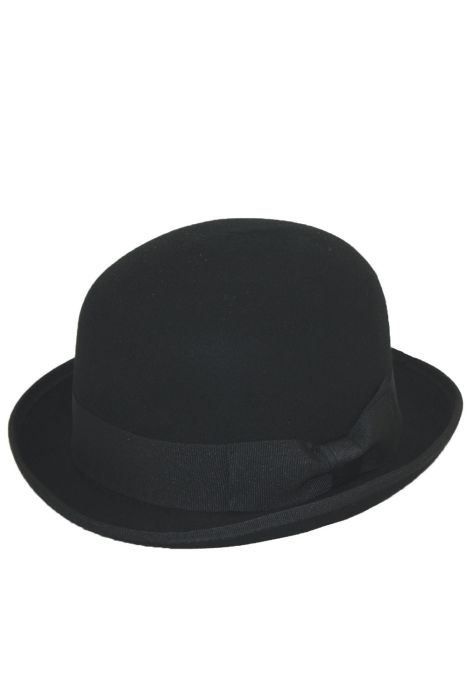 Black classic bowler hat for men with upturned brim and ribbon accent