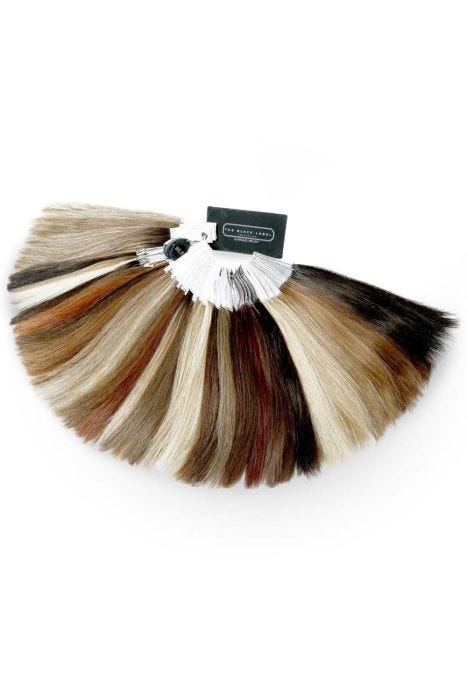 A metal ring containing hair swatches from the Raquel Welch human hair collection