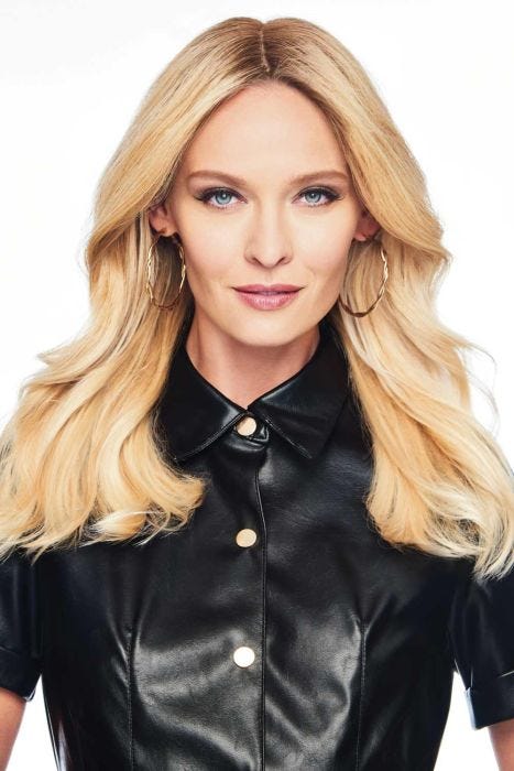 Woman in a 12" gold blonde human hair topper for thinning hair