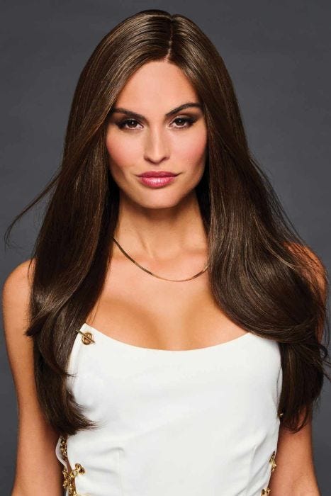 Woman in an extra long dark brown straight lace front wig