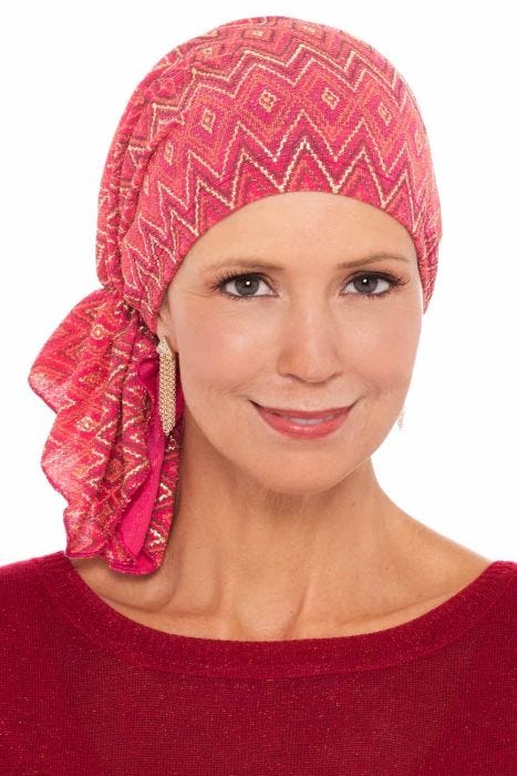 Slip On Slinky Headwrap Pre-Tied Head Scarf | Coral and Gold Chevron