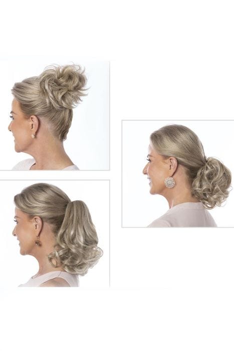 Multiple women each in a different ash blonde hair wrap, bun, and ponytail hair clip hair piece