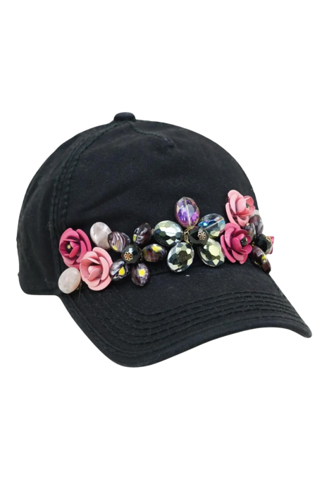 Floral Bejeweled Cap | Bejeweled Baseball Cap with Ponytail Opening