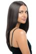 woman in 22" brownish black hair straight hair extensions attached to her biological hair