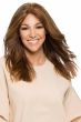 Woman in a 12" to 13" medium brown human hair topper for thinning hair
