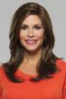 Woman in a past the shoulders dark brown long layered lace front wig