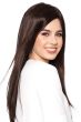 Woman in an extra long dark auburn straight wig