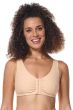 Woman in a pink front closure bra for post surgery or mastectomy