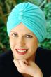 front side of cancer patient turban in aqua terry cloth with buttons