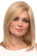 Woman in a shoulder length straight blonde wig