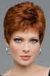 Woman in a classic cropped light red pixie lace front wig with bangs