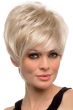Woman in an asymmetric platinum blonde pixie wig with long side bangs