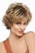 Woman in a heavily layered short bob wig with