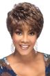 Afro American woman in a full medium brown pixie wig with longer layers on top and textured bangs