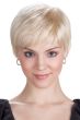 Woman in a platinum blonde pixie wig with short fringe bangs