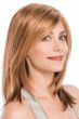 Woman in a past the shoulders light red sleek wig with side bangs