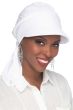 Woman in white scarf head covering with brim