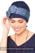 Woman in cute chemo turban with wide blue headband over the top