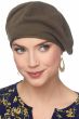 Woman looking sideways wearing olive green cotton beret hat for chemo patients