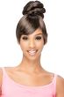 Afro American woman in a dark brown twisted bun and side bangs combo