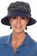 Woman in navy summer hat with straw brim and fabric crown