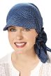 Woman in blue brimmed cotton plaid headscarf for cancer patients