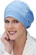 Woman in blue sleeping cap or hat with 3 side buttons for cancer patients