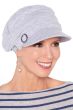 Woman in grey women's newsboy style chemo hat with brim