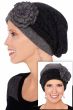 Women in cute black slouchy style beanie hat for cancer patients shown 2 ways with side flower