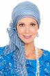 Woman in blue stripe chiffon head scarf worn as a head covering for women