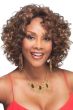 Afro American woman in a shoulder length medium dark brown layered curly wig