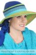 Woman in vibrant colors women's sun visor in blue and green with head scarf underneath