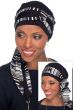 Woman in chemo headwear set with black hat and coordinating striped scarf