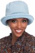 Woman in bucket hat for cancer patients made of blue jean material