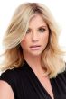 Woman in an extra large 12" blonde human hair topper for thinning hair