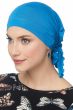 Woman in teal pre tied head scarf headcovering for women with cancer