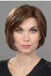 Woman in a chin length dark brown lace front rounded bob wig