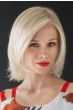 Woman in a shoulder length platinum blonde lace front bob wig