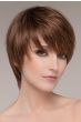 Woman in a medium brown long side swept pixie wig