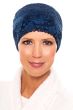 Woman in soft textured silky blue sleeping cap with lace trim in beanie style