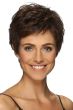 Woman in a dark auburn classic pixie wig