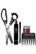 Wig customizing kit with items shown: Tracing Pencil, Pinking Shears, Red Adhesive, Blue Adhesive, and Lace Remover