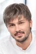 Man in a short brushed forward brown and grey lace front wig