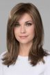 Woman in a past the shoulders straight medium brown lace front wig