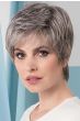 Woman in a cropped medium grey lace front pixie wig