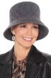 Woman in grey structured winter lampshade shaped hat with brim