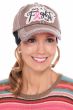 Woman in breast cancer baseball cap with "This is my fight hat" patch
